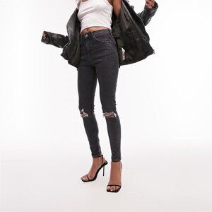 2/$30 Topshop Moto Jamie Jeans High Rise Knee Rip Skinny Washed Black 28 #9406
